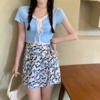 Set áo dây đan & chân váy họa tiết bướm/đen xếp ly – S001