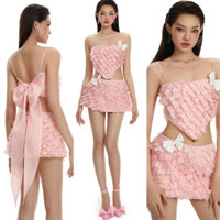 set áo dây phối nơ lưới xếp ly - đi dự tiệc, sinh nhật, đám cưới