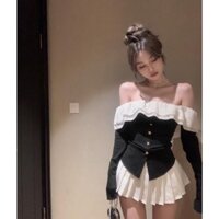 SET ÁO ĐEN BẸT VAI BÈO KEM VOAN TẦNG TAY DÀI NÚT XẺ LAI BẦU  + CHÂN VÁY KEM (NHƯ ẢNH TREO MANOCANH)