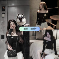 Set Áo Đen Len Tăm Trễ Vai Nơ Ngọc, Mix Chân Váy Ren Hoa Có Quần Trong Siêu Hot