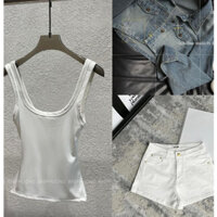 Set áo denim croptop với quần sooc jeans trắng mix áo ba lỗ kèm ảnh thật xuxushop