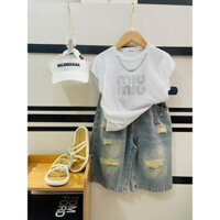 Sét áo đính đá + quần sooc jean rách siêu ngầu cho bé gái size đại 22-50kg