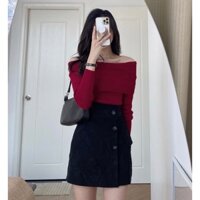 Set áo đỏ bẹt vai kèm chân váy nút siêu siêu hot,váy nữ cho mùa noel giáng sinh hot trend ạ