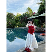 SET Áo đỏ cổ yếm dây chéo kèm Chân váy maxi trắng đi biển du lịch NÀNG CLOSET
