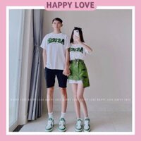 Set áo đồ đôi nam nữ unisex form rộng hàng Quảng Châu HAPPYLOVE, Áo cặp đôi couple màu trắng thêu chữ xanh lá mã H008