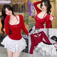 SET Áo đỏ tay dài phối cổ yếm hoa và Chân váy tầng trắng diện noel tết cho nữ NÀNG CLOSET