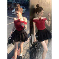 set áo đỏ trễ vai kèm choker hoa mix chân váy ngắn dáng xoè