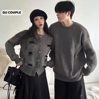 Set áo đôi mùa đông áo len nam nữ dài tay màu xám áo nữ đính nơ màu đen thời trang HAPPYLOVE G228