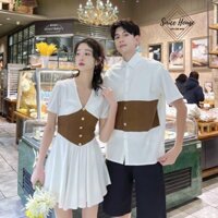 SET ÁO ĐÔI NAM NỮ CHỤP HÌNH CƯỚI ĐỒ CẶP ÁO SƠ MI NAM ĐẦM HÀN QUỐC MÀU TRẮNG