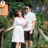 SET ÁO ĐÔI SƠ MI ĐẦM TRỄ VAI MÀU TRẮNG, ĐỒ CẶP THỜI TRANG HÀN QUỐC