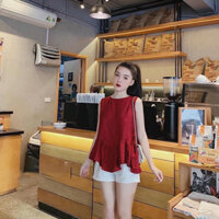 Set Áo Đũi Bèo Mix Quần Sooc Trắng Bộ Nữ Áo Đỏ Sát Nách Quần Short Đũi - S
