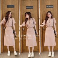 Set áo đũi cổ vest phối chân váy