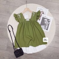 Sét áo đũi thêu cổ tay áo cánh tiên cổ chữ U chuẩn đẹp