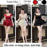 Set áo gấm ren cúp tay cánh tiên cúp ngực đan eo phối chân váy xoè tầng 3 màu đỏ đen trắng mặc Noel Tết đi chơi đi tiệc
