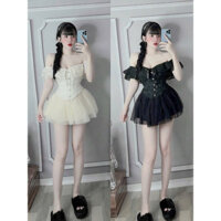 Set áo gấm trễ vai ren có mút bo chun sau kèm chân váy lưới nhiều lớp xoè bồng