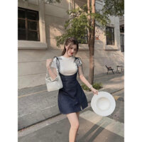 SET ÁO GÂN CROPTOP + ĐẦM YẾM JEAN 2 DÂY XẺ TÀ CỘT NƠ VAI