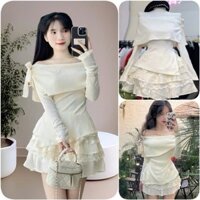 Set áo gân dày trễ vai tay dài phối nơ kèm chân váy tơ tầng có lót dày dặn- ann9399