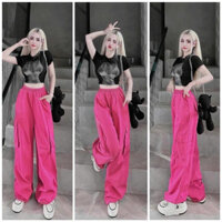 Set áo gân tay ngắn croptop in hình body kèm quần tuyết mưa đen hồng