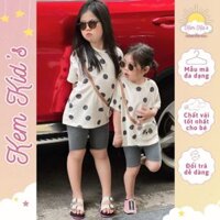 Set áo gấu chấm bi cộc tay mix quần legging cho bé gái, bộ quần áo thêu túi xù cho trẻ em mặc mùa hè chất cotton