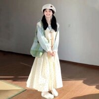 Set Áo Gile Dệt Kim Khuy Sừng Áo Sơ Mi Dài   Tay  Bồng    Cổ Ren Chân   Váy Dài  Chấm Bi Ngọt Ngào Đáng Yêu