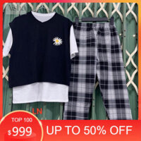 Sét áo gile hoa cúc và quần kẻ LN12 , áo kiểu nữ, áo thun nam nữ, quần khaki, quần nữ, sét bộ mặc ở nhà - Aisha