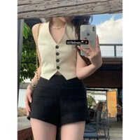 SET ÁO GILE KEM CỔ YẾM BODY CROPTOP NÚT ĐEN THẮT NƠ LƯNG + QUẦN SHORT ĐEN (TH)