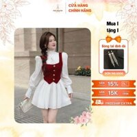 Set áo gile nhung đỏ phối đầm tay phồng cổ bèo xếp ly form dáng xòe xinh xắn cho nàng đi chơi, hẹn hò giáng sinh