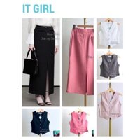 Set Áo Gile Nữ Phom Ôm Nút Kiểu & Chân Váy Dài Xẻ Trước Phong Cách