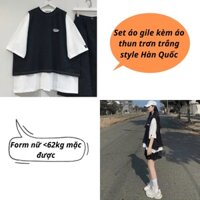 Sét Áo Gile rách kèm áo phông ngắn tay trắng style Hàn quốc basic dưới 60kg chất nỉ SA009- Áo gile trơn đen áo thun cộc