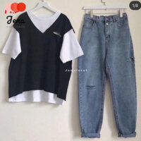 Sét Áo Gile Rách  Và  Quần Bò Rách Gối Hđ12 Áo Thun Nam Nữ, Quần Kaki, Quần Nữ Jena