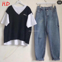 Sét áo gile rách Và quần jeans rách gối HĐ12 áo phông thun nam nữ, quần kaki, quần nữ, sét bộ mặc trong nhà Lita Lita