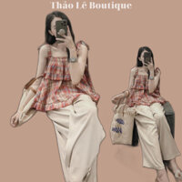 Set áo hai dây babydoll kẻ đỏ buộc nơ vai nữ kèm quần ống suông rộng - Hl,Qb