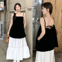 Set áo hai dây form rộng khoét lưng cách điệu mix chân váy phối ren TIBU Set Đồ Nữ Dài Trắng Đen Sang Chảnh Đi Chơi Biển