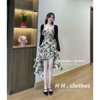 Set áo hai dây hoa nhí đen đuôi cá kèm áo cardigan len mỏng xinh, set đồ nữ sang chảnh đi chơi, du lịch, mùa thu