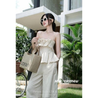 Set Áo Hai Dây Kiểu Phối Hoa Sang Chảnh mix quần ống suông Chất Linen Thelimbelyy Màu Kem Nude [Ảnh Thật Cuối]