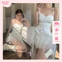 Set áo hai dây kiểu yếm viền ren màu trắng + Chân váy ngắn dáng xoè phong cách tiểu thư nàng thơ