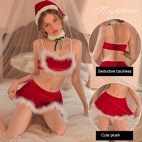 Set Áo Hở Rốn + Chân Váy + Mũ + Khăn Choàng Cổ Màu Sắc Tương Phản Phong Cách Giáng Sinh Ngọt Ngào Cho Nữ