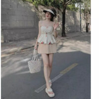 Sét áo hoa nhí 2 dây babydoll mix chân váy dập ly (có lót)DV33