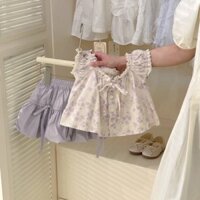 Set áo hoa nhí + chân váy màu tím dễ thương thời trang mùa hè 2025 dành cho bé gái