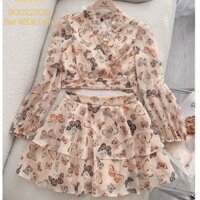 SET ÁO HOA NHÍ TAY DÀI ĐẮP CHÉO TÀ BUỘC NƠ SAU PHỐI CHÂN VÁY HOA TẦNG CÙNG MÀU (CÓ ẢNH VÀ VIDEO THẬT)
