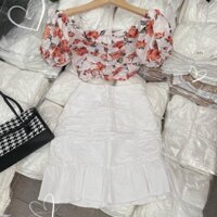 Set áo hoa trễ vai + chân váy trắng nhún