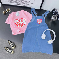 Set áo hồng yếm tim đỏ trắng kèm váy yếm jean cho bé gái
