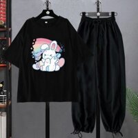 sét áo in thỏ cầu vồng kem quần bo gấu .năng động trẻ trung