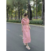 SET ÁO KAKI HỒNG CỔ SƠ MI + CHÂN VÁY MIDI