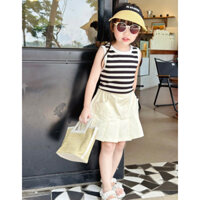 Sét áo kẻ, chân váy Kaki màu kem xếp ly cho bé gái