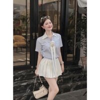Set áo kẻ cổ sơ mi mix chân váy xếp ly trắng có kèm lót trong không lộ dễ thương
