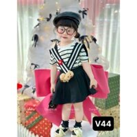 Set Áo Kẻ Đen Cổ Chạy Viền Sọc Thuỷ thủ Đính Hoa Gấu, kèm Chân Váy xoè ly cho bé yêu