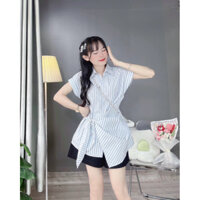 Set áo kẻ sọc cổ sơ mi xoắn eo và quần short