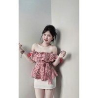 set áo kẻ trễ vai kèm chân váy trắng dáng ôm