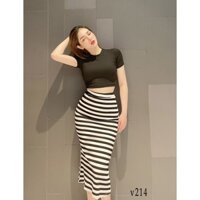 set áo kèm chân váy sọc thun dày đẹp